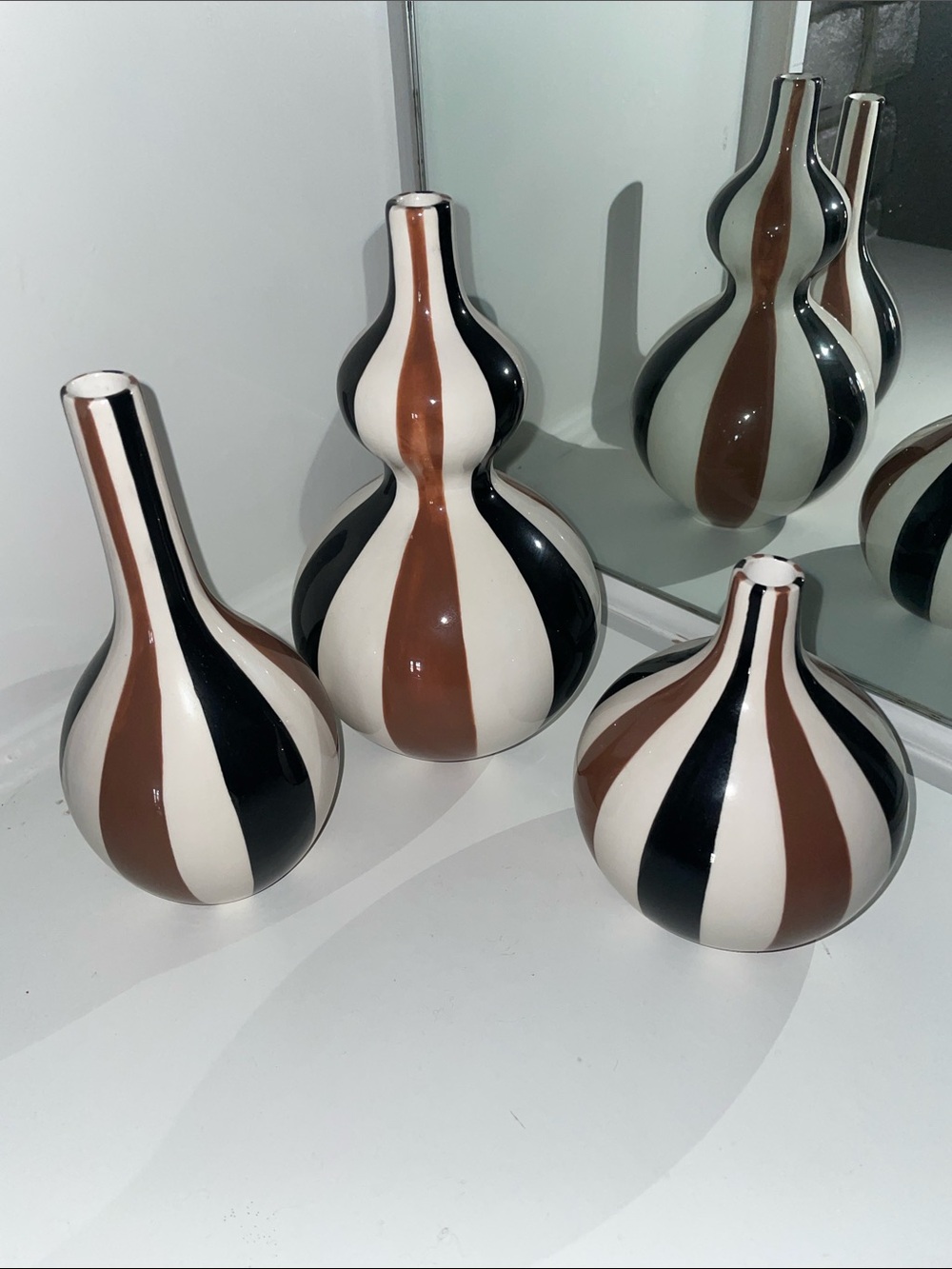 Jonathan Adler Brown, Black & White Striped Ceramic Vase Set